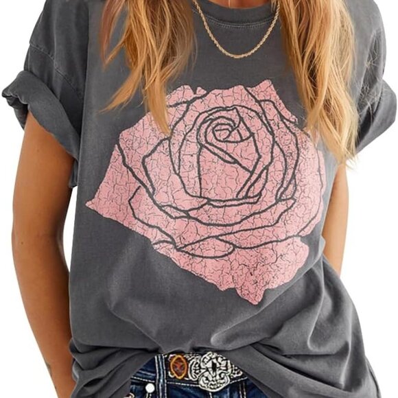 Womens Rose Graphic Tee T Shirt Loose Fit Summer Short Sleeve Casual Boyfriend C - Picture 1 of 5